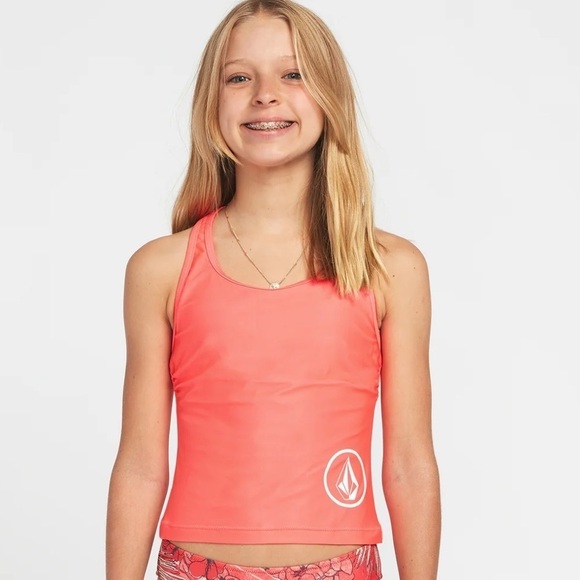 NWT Volcom Girls Simply Core Racerback Tankini Top Electric Coral - Picture 1 of 9